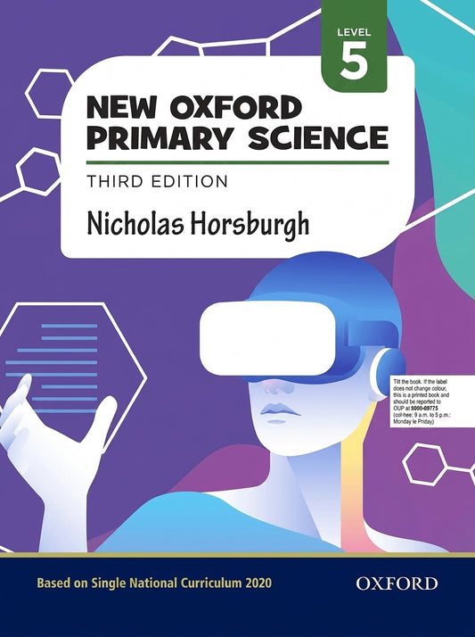 New Oxford Primary Science Level 5 Third Edition textbook cover with purple background, figure wearing VR headset, hexagonal molecular design elements, published by Oxford