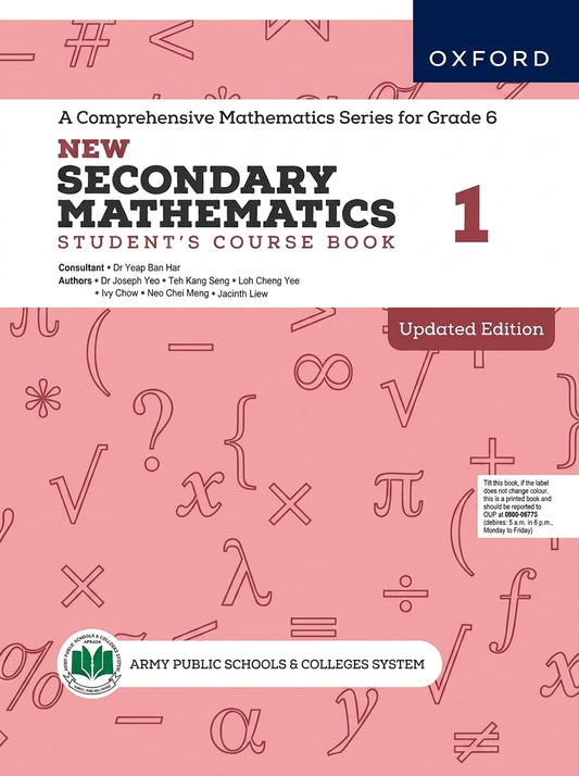 New Secondary Mathematics 1 Student's Course Book Updated Edition by Oxford, pink cover with mathematical symbols, Grade 6 textbook