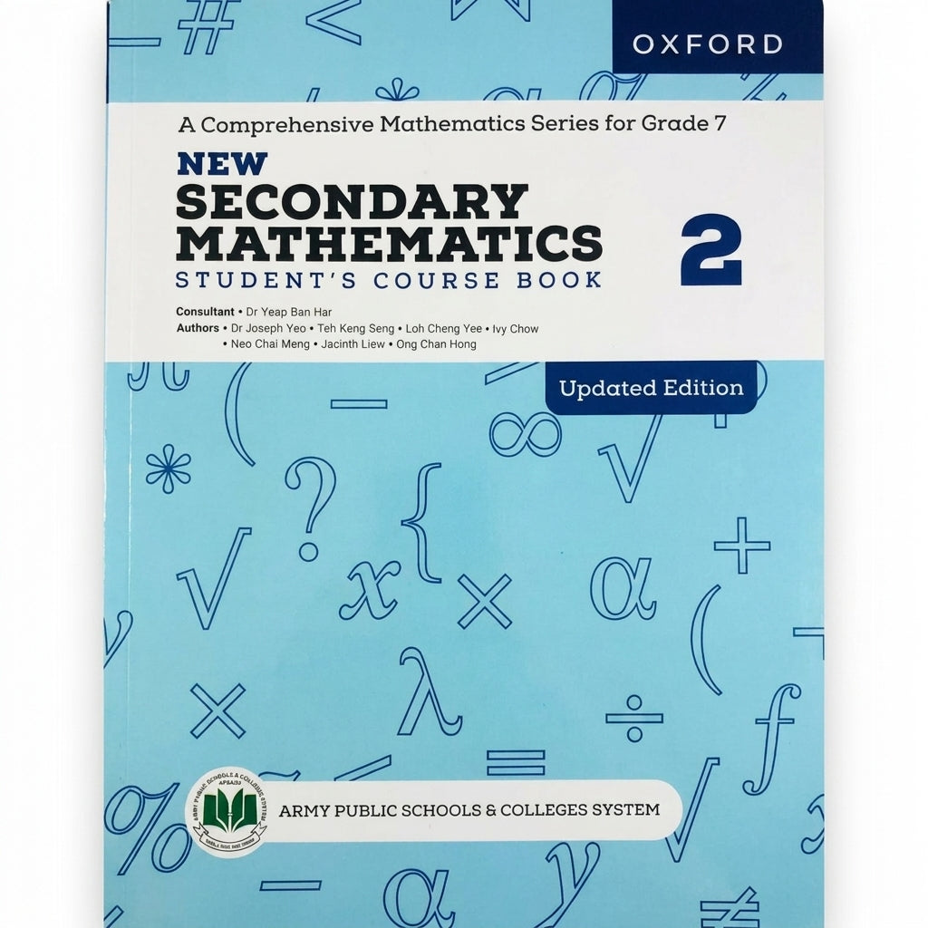 New Secondary Mathematics 2 Student's Course Book, Updated Edition by Oxford, light blue cover with mathematical symbols for Grade 7
