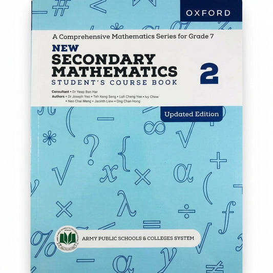 New Secondary Mathematics 2 Student's Course Book, Updated Edition by Oxford, light blue cover with mathematical symbols for Grade 7