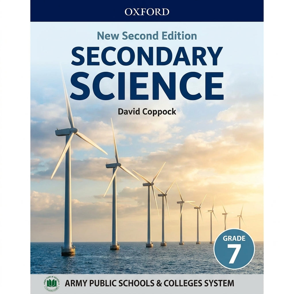 Oxford New Secondary Science Grade 7 textbook cover featuring wind turbines on ocean with sunset sky, by David Coppock