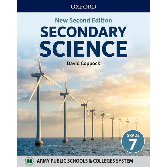 Oxford New Secondary Science Grade 7 textbook cover featuring wind turbines on ocean with sunset sky, by David Coppock