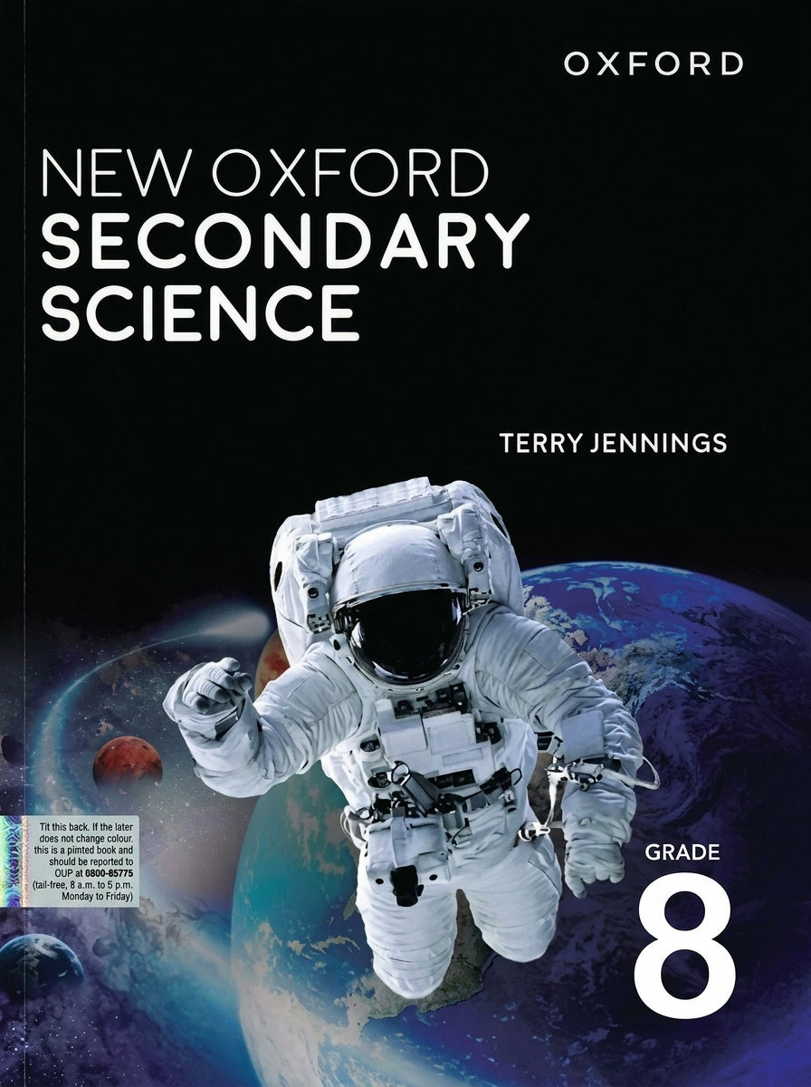 New Oxford Secondary Science Grade 8 by Terry Jennings. Black cover with astronaut floating in space above Earth and Mars.