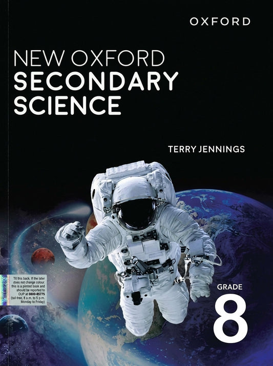 New Oxford Secondary Science Grade 8 by Terry Jennings. Black cover with astronaut floating in space above Earth and Mars.