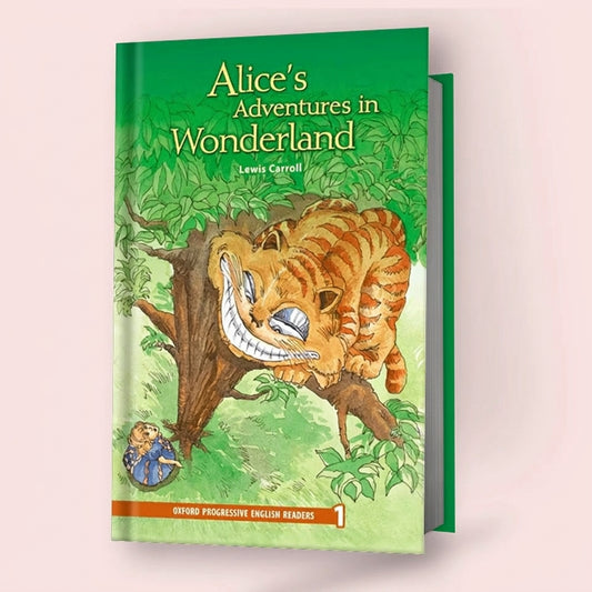 Alice's Adventures in Wonderland hardcover book with green cover featuring Cheshire Cat illustration and Alice figure in garden setting