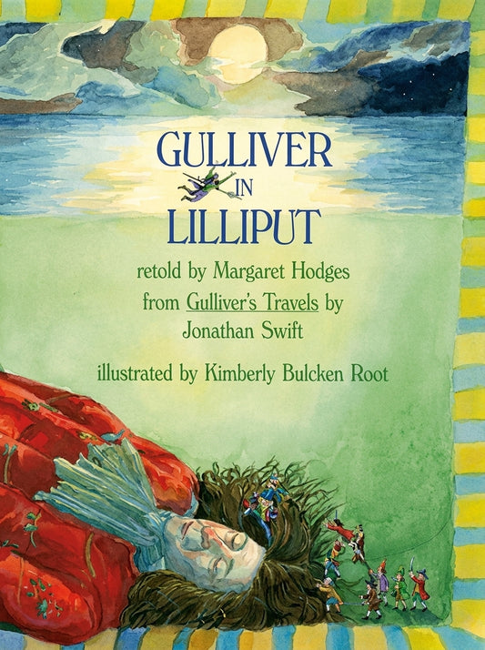 Gulliver in Lilliput illustrated children's book cover featuring watercolor artwork of Gulliver surrounded by tiny Lilliputians and red creatures