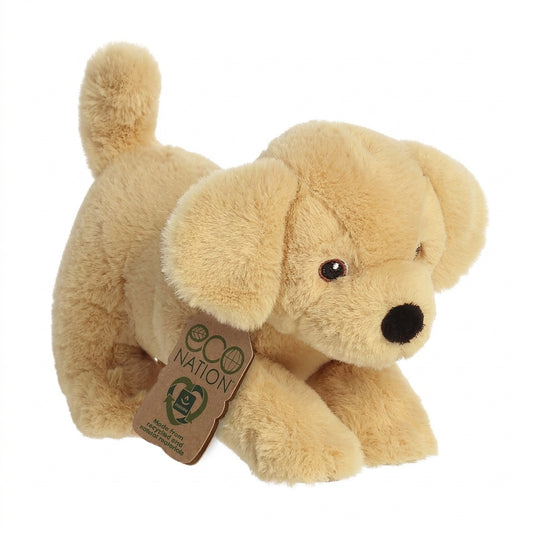 Cream-colored plush dog toy with embroidered eyes and nose, featuring an eco-friendly Eco Nation brand tag on its collar