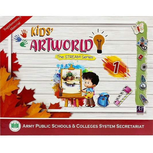 Kids' ArtWorld 1 STREAM Series supplementary material book with young artist, easel, art supplies, colorful icons, and Canadian branding