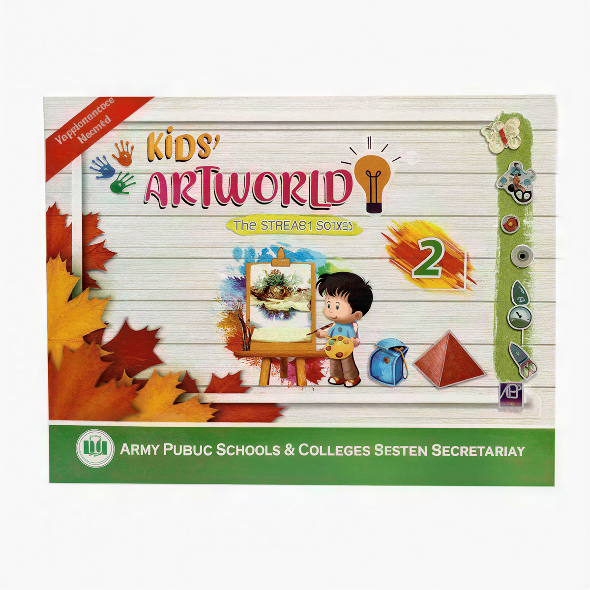 Kids' Art World 2 activity book cover with child artist illustration and autumn leaf design