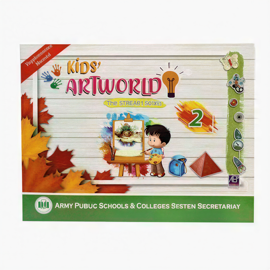 Kids' Art World 2 activity book cover with child artist illustration and autumn leaf design