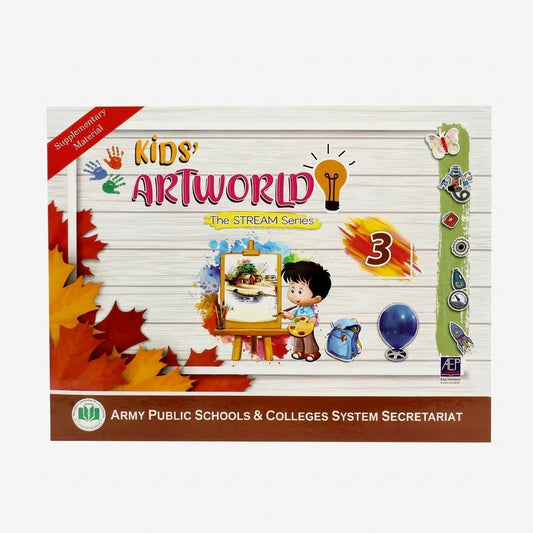 Kids' ArtWorld 3 STREAM Series book cover with young artist painting, maple leaves, art supplies, and creative icons on wooden background.