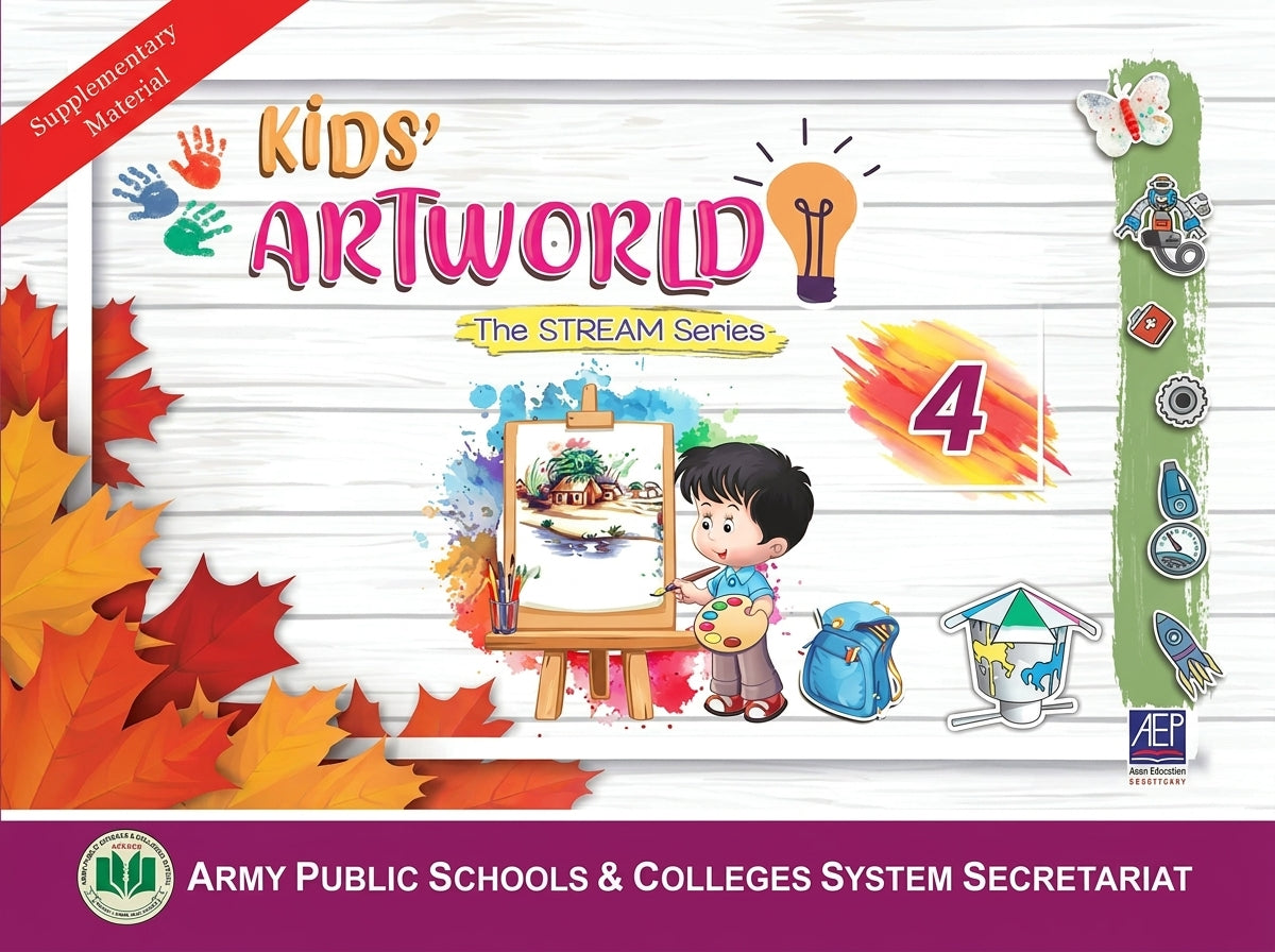 Kids' ArtWorld 4 STREAM Series supplementary art book cover with child illustration, easel, backpack, and autumn leaf decorations