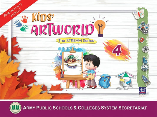 Kids' ArtWorld 4 STREAM Series supplementary art book cover with child illustration, easel, backpack, and autumn leaf decorations