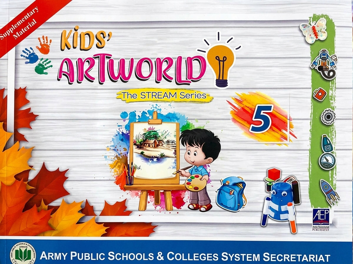 Kids' Art World 5 STREAM Series workbook cover with young artist painting, colorful leaves, art supplies, and educational icons on white wooden background