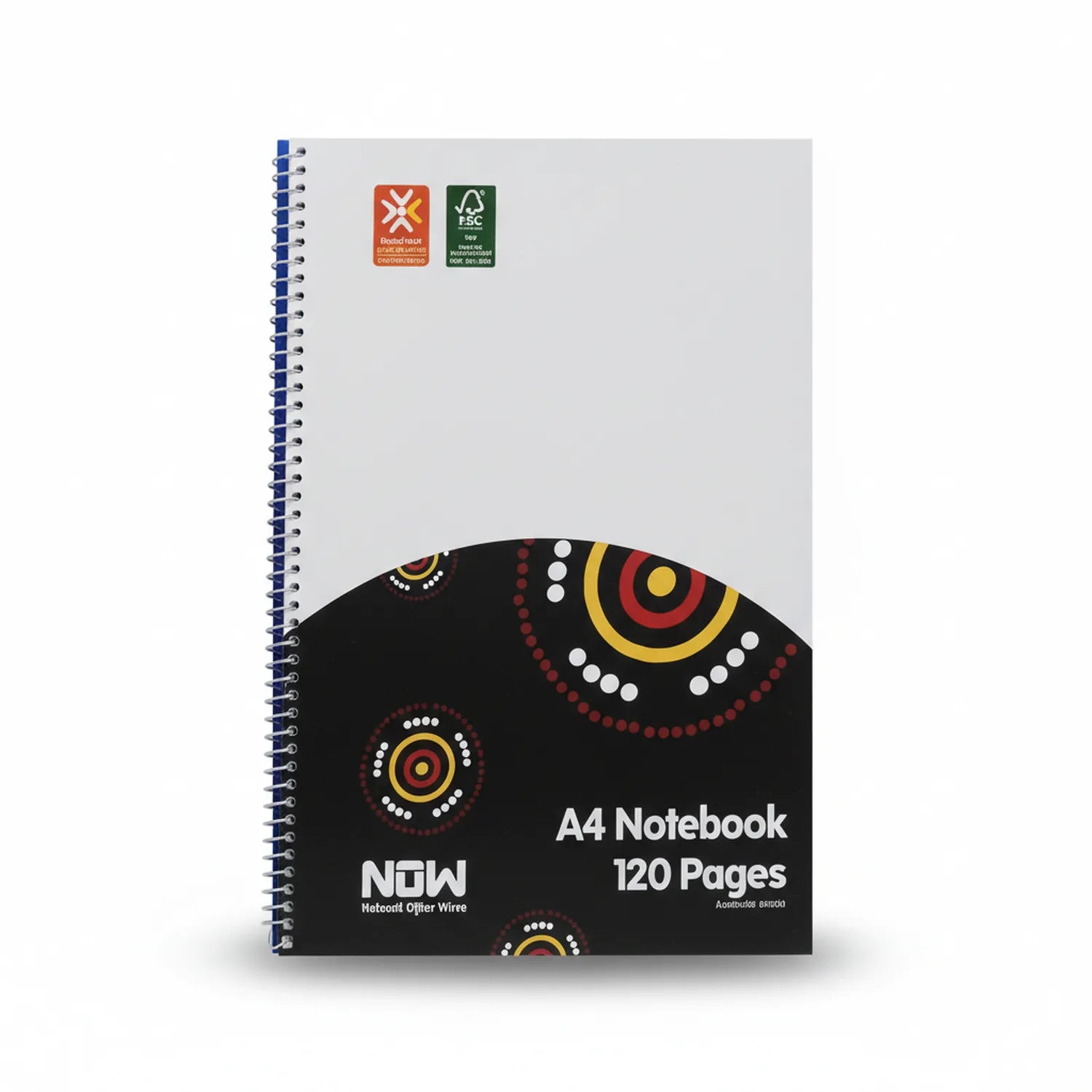 NOW A4 Notebook 120 Pages spiral bound with black cover featuring Aboriginal dot painting design in gold, red, white and yellow.