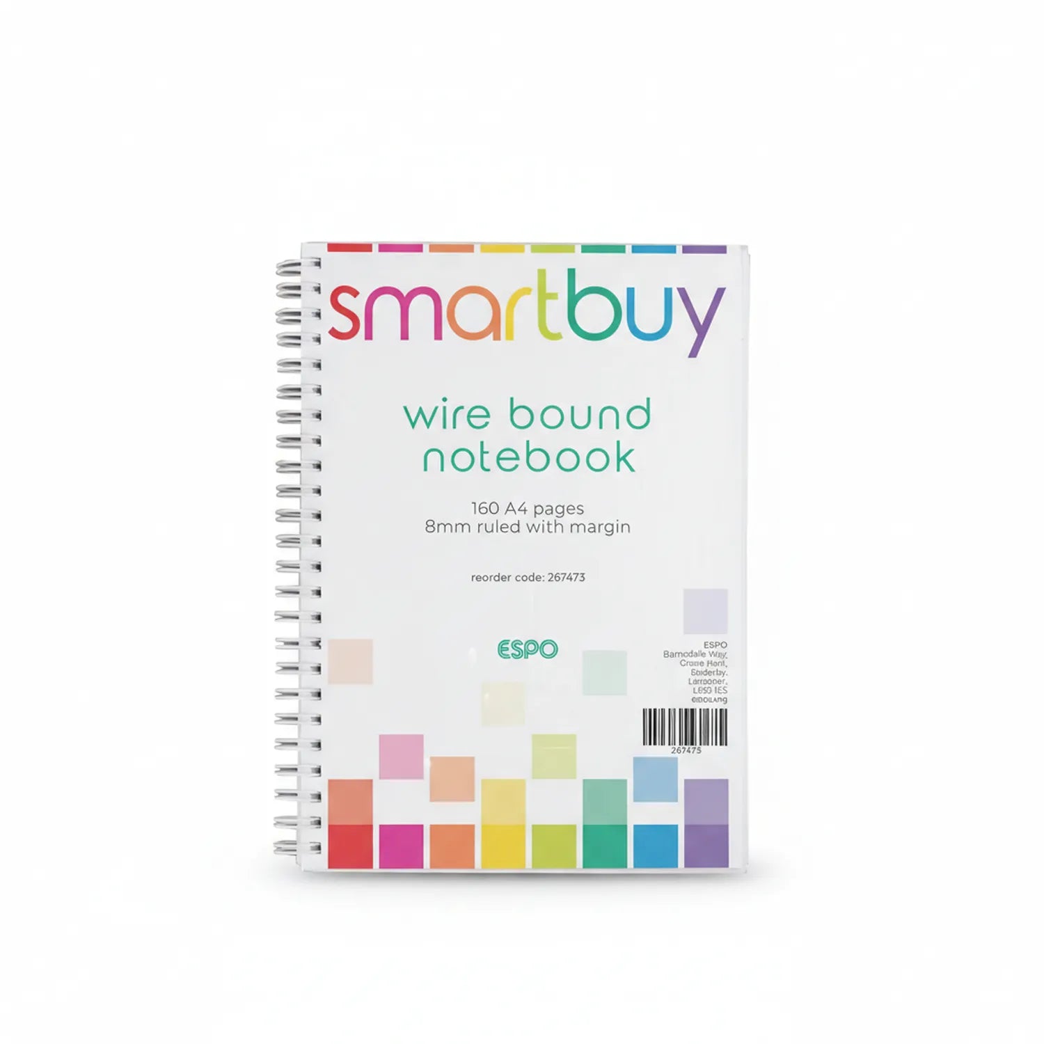 Smartbuy Wire Bound Notebook A4 with colorful rainbow stripe design, 160 pages, 8mm ruled with margin, shown with spiral binding visible on left edge