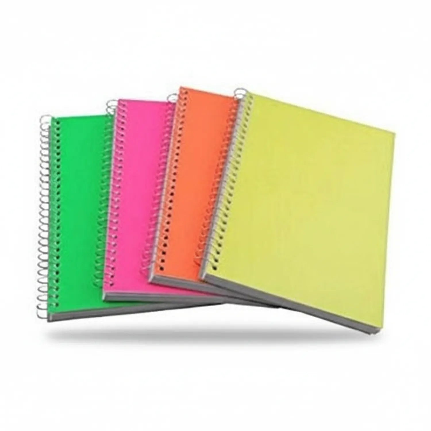 Four A4 spiral-bound notebooks in bright green, hot pink, orange, and lime yellow colors, each with 200 pages of white paper