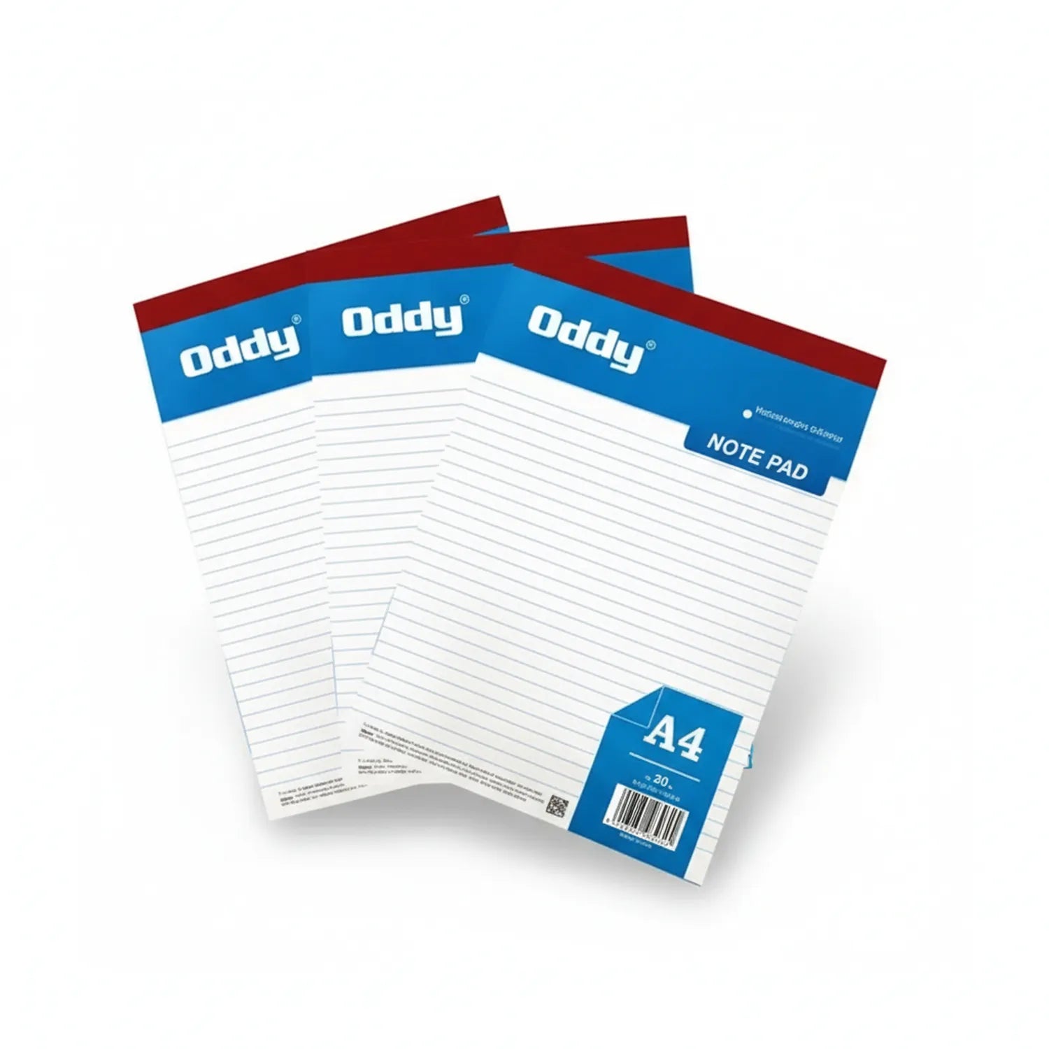 Oddy Note Pad A4 80 Pages - three ruled lined notebooks with red and blue branded cover displayed fanned out