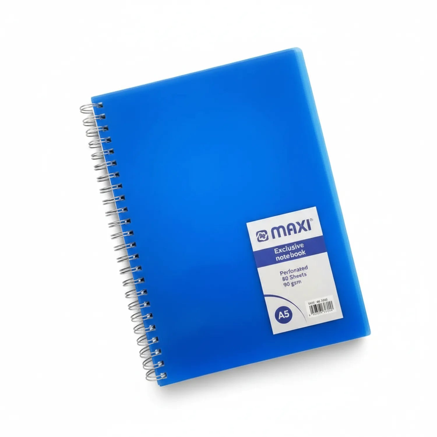 Blue spiral-bound Maxi Exclusive A5 Notebook with label showing 80 perforated pages, 90gsm quality, white label on front cover