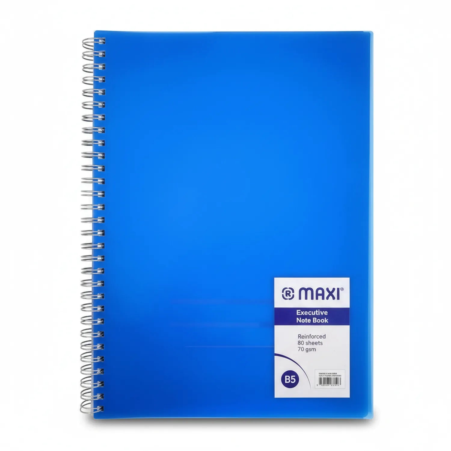 Maxi Executive Note Book B5 with blue cover, spiral binding, 80 pages, 70gsm reinforced paper, with product label visible