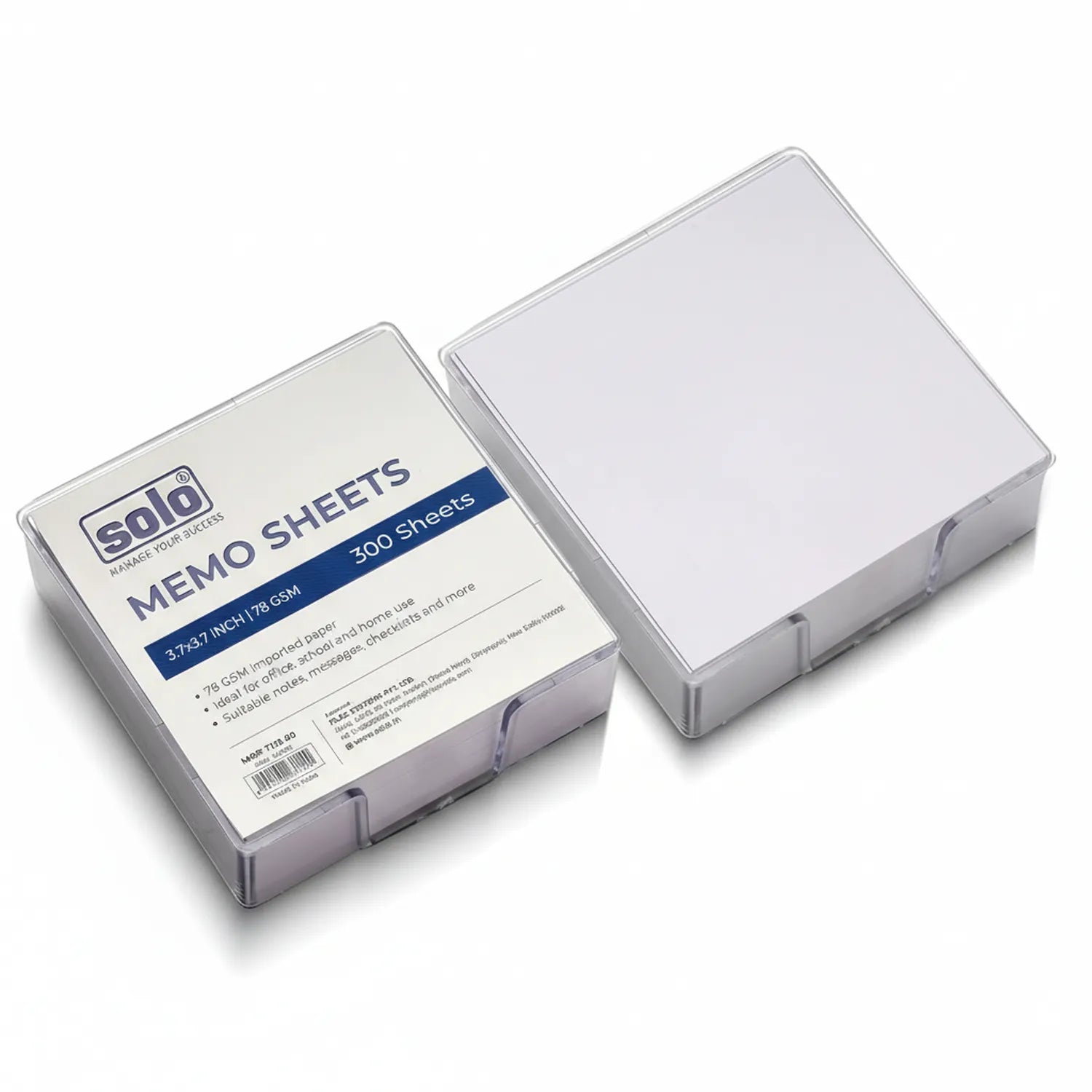 Solo Memo Sheets Note Pad Block - 300 sheets, 3.7x3.7 inch, 78 GSM white paper in clear plastic case packaging