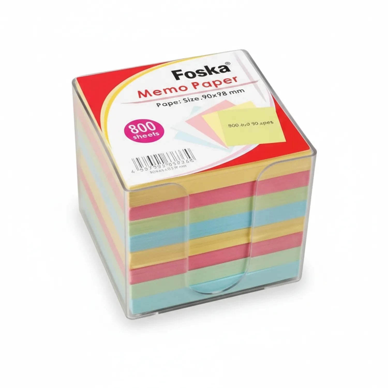 Foska Memo Paper Pad Block 800 sheets, 90x98mm size in multicolor pastel design with yellow, pink, blue and green layers in clear plastic case