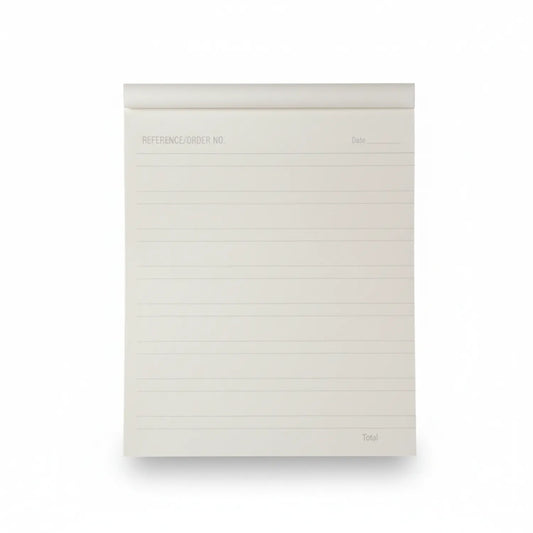 Cream-colored A4 notepad with 60 lined sheets, reference/order number field, date line, and total field visible on cover