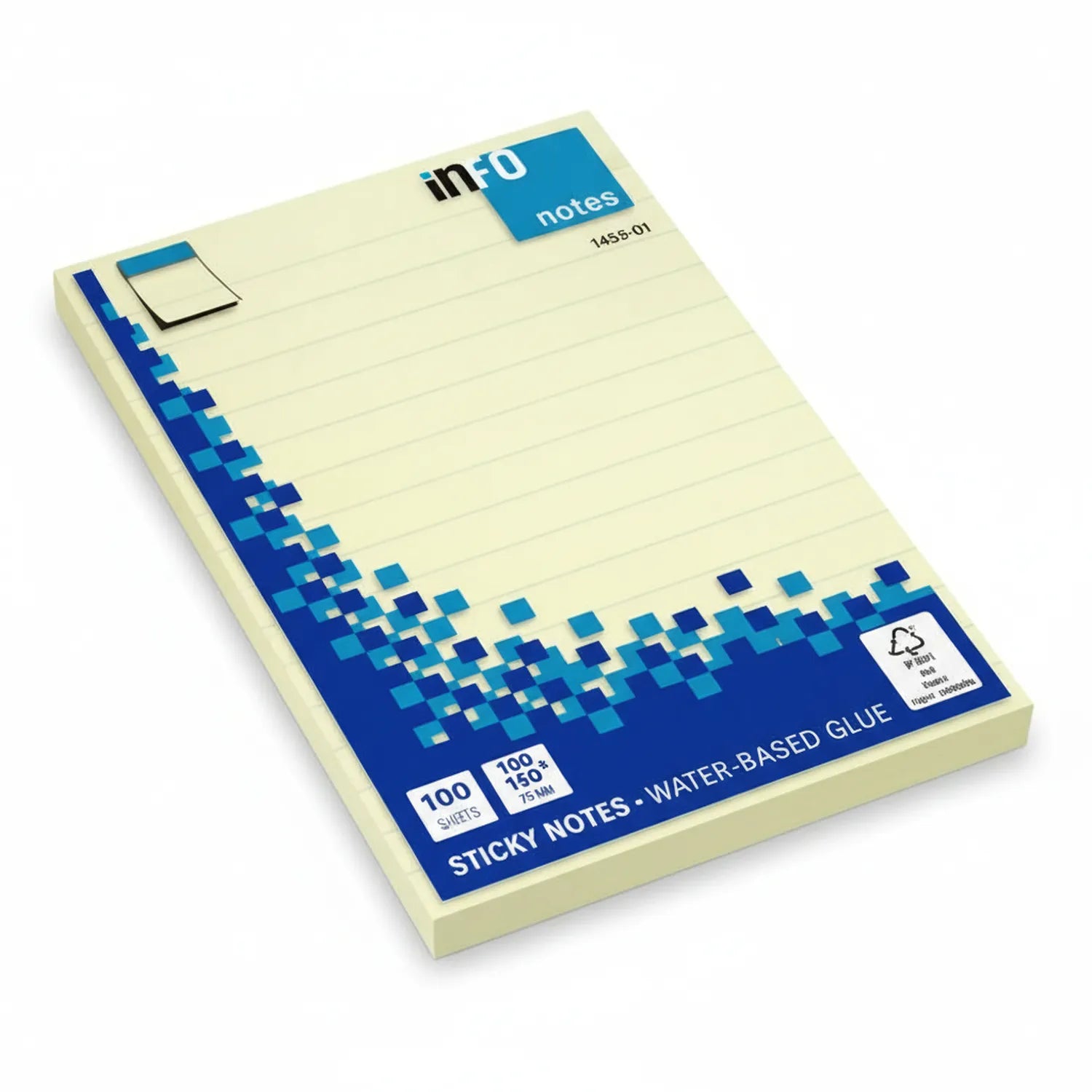 Info Notes cream-colored sticky note pad with 100 sheets, blue pixelated design border, water-based glue formula, model 1435-01