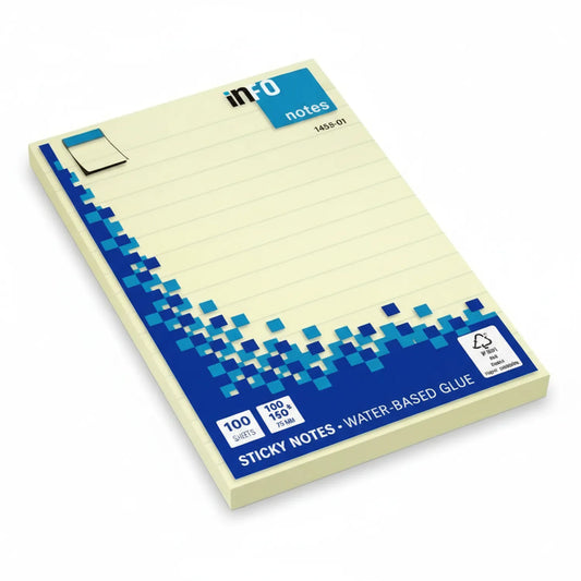 Info Notes cream-colored sticky note pad with 100 sheets, blue pixelated design border, water-based glue formula, model 1435-01