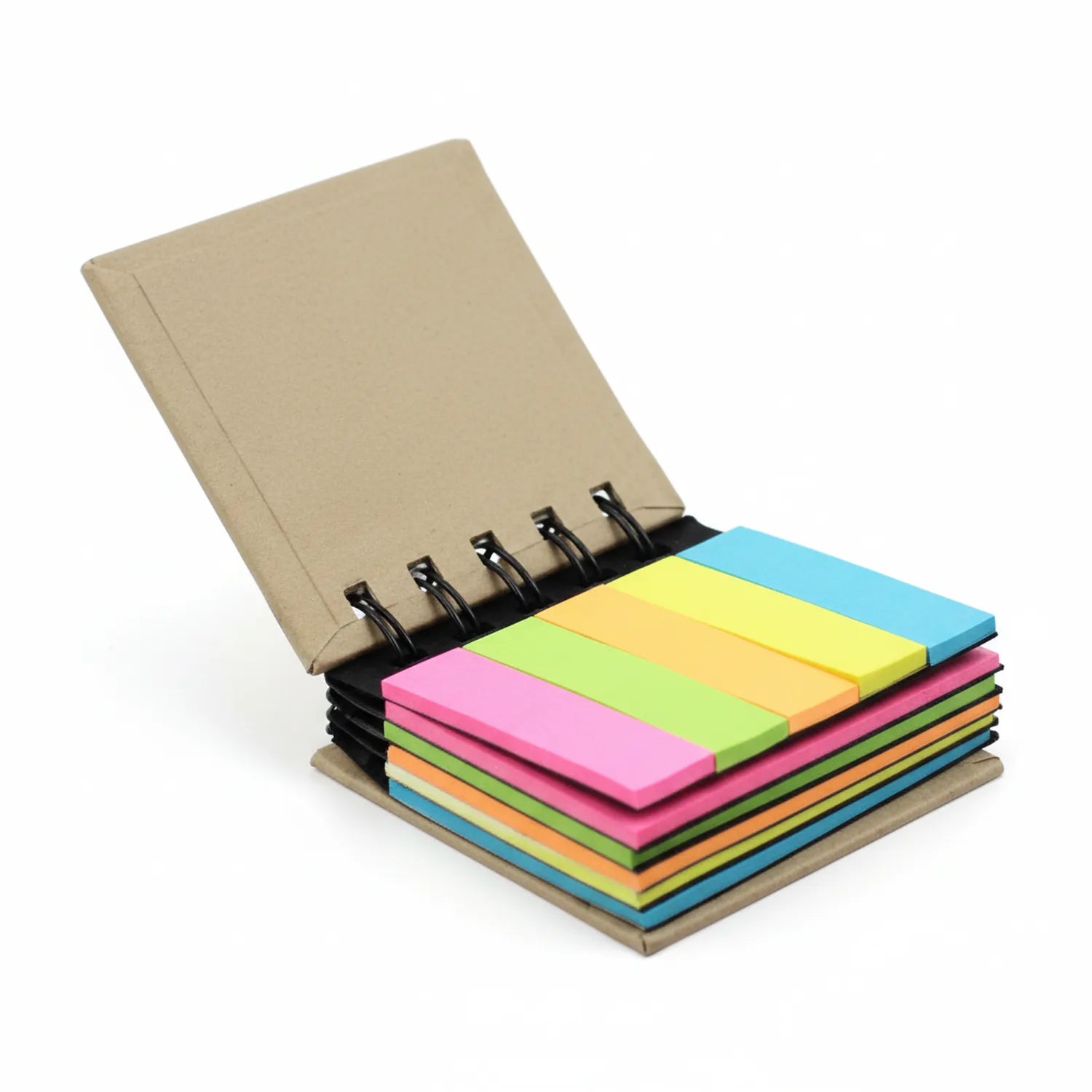 Spiral-bound pocket notepad with kraft cover and colorful sticky note pages in pink, green, yellow, orange, and blue stacked inside.