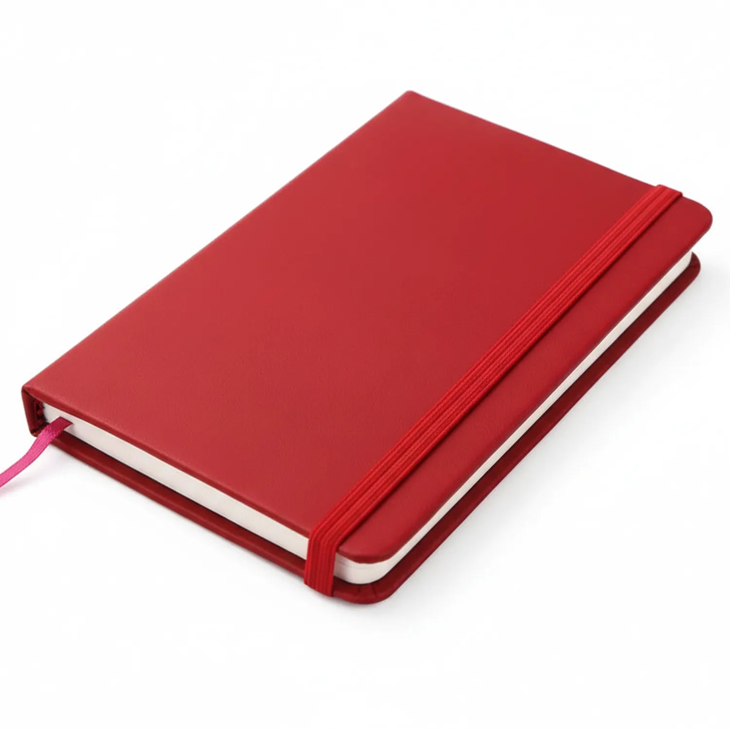 Red hardcover A6 notebook with elastic band closure, ribbon bookmark, and white pages shown in 3/4 view against white background