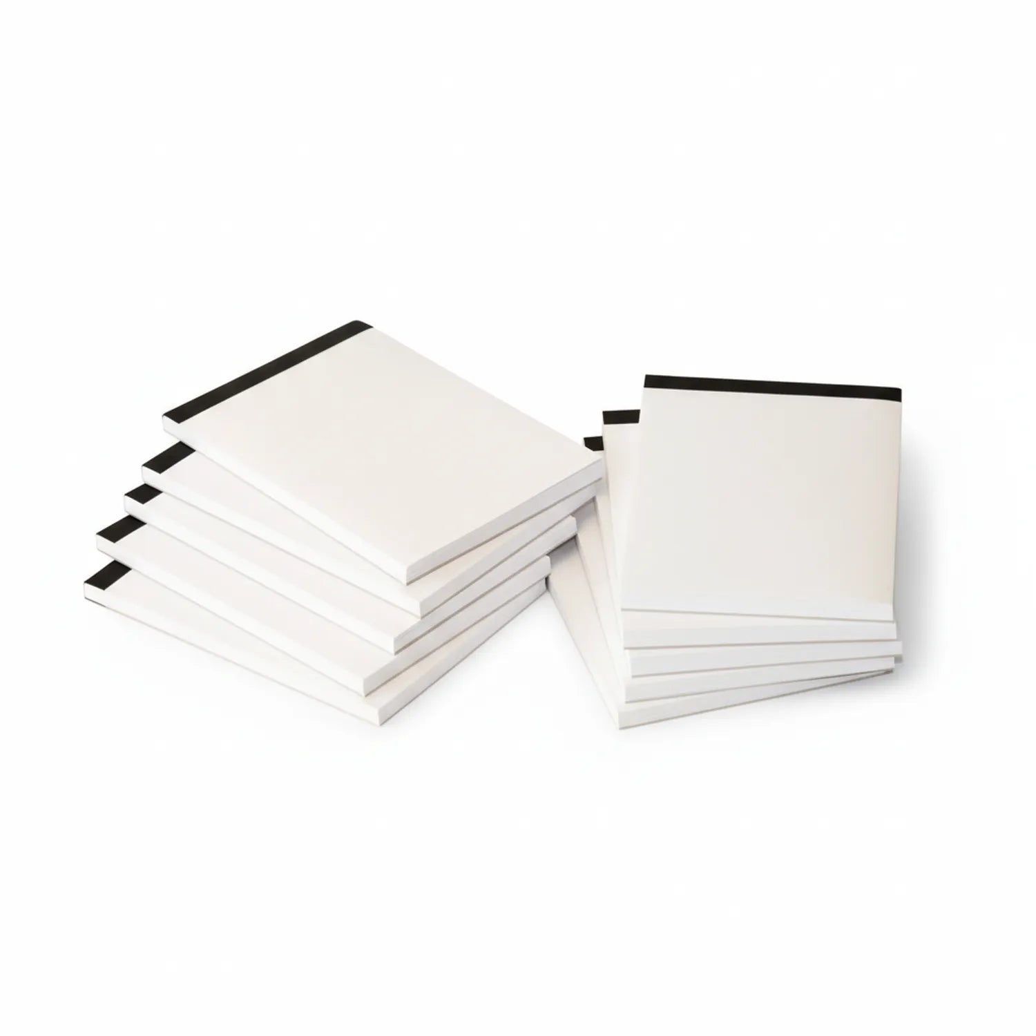 Multiple white A6 notepads with black adhesive strip binding, showing stack of 100-page notepads displayed at angle