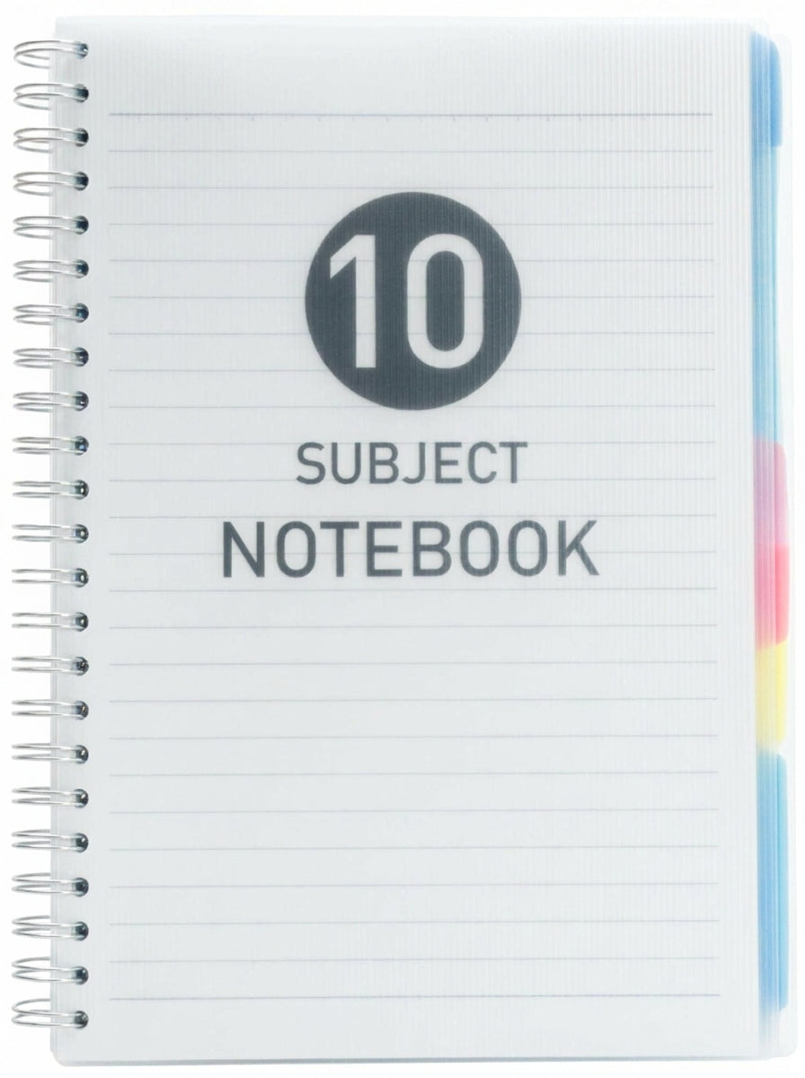 10 Subject Notebook Ideal with spiral binding, lined pages, and color-coded divider tabs