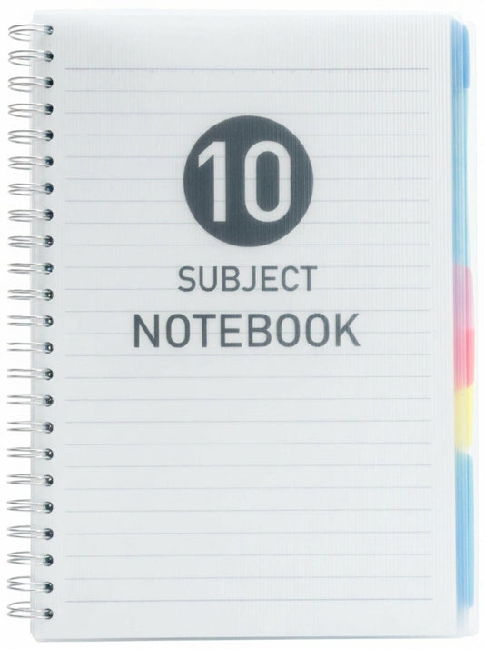 10 Subject Notebook Ideal with spiral binding, lined pages, and color-coded divider tabs