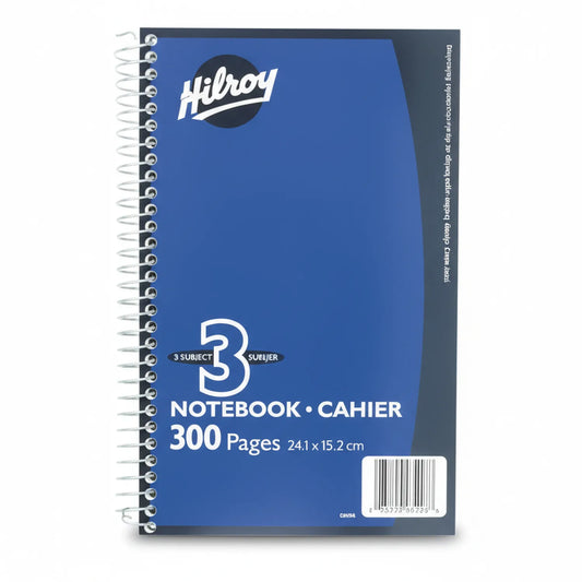 Hilroy 3 Subject Notebook with 300 pages, 24.1 x 15.2 cm, blue spiral bound cover with white logo and text