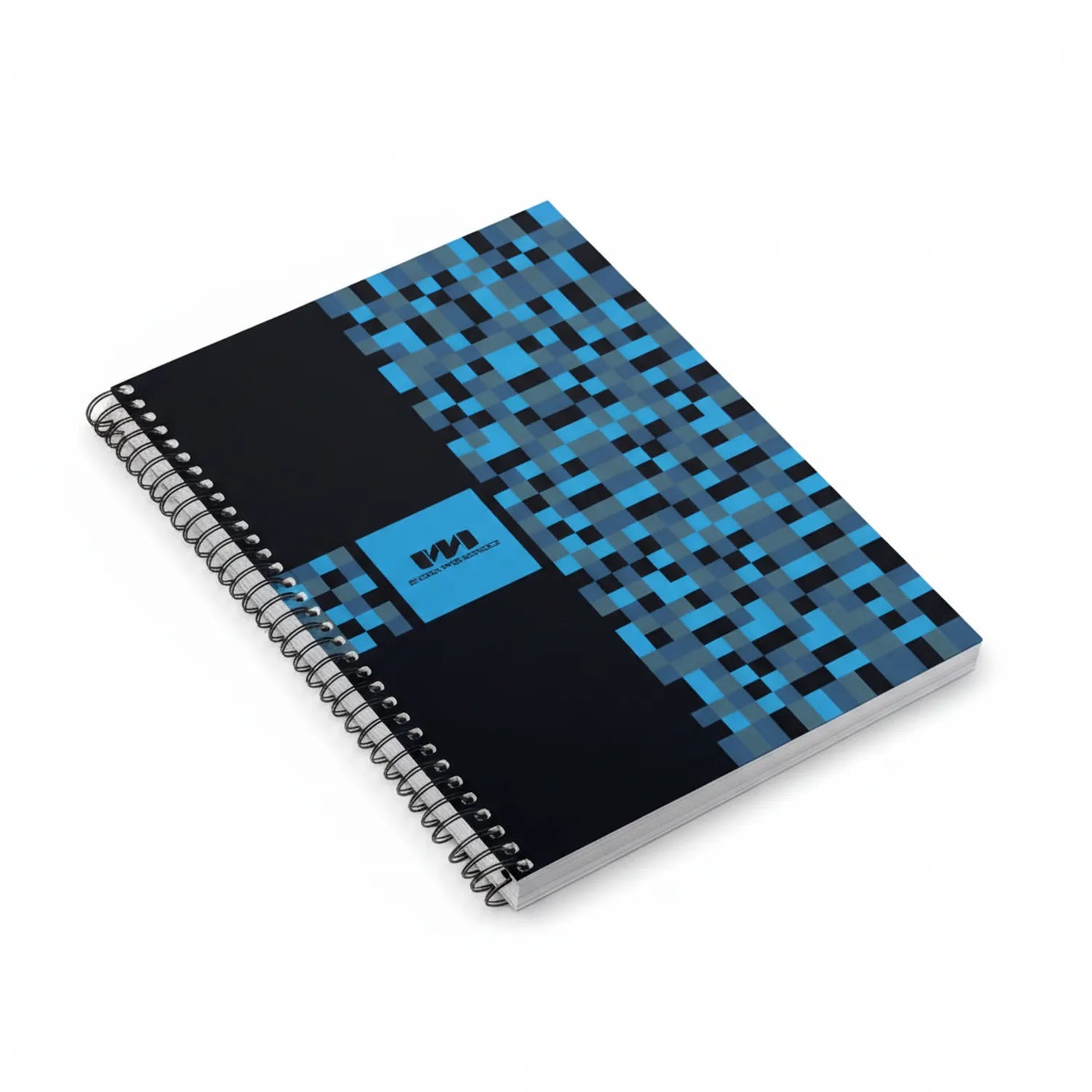 Notebook Subject 4 Ideal spiral-bound notebook with blue and black pixelated geometric design on cover, displayed at angle on white background