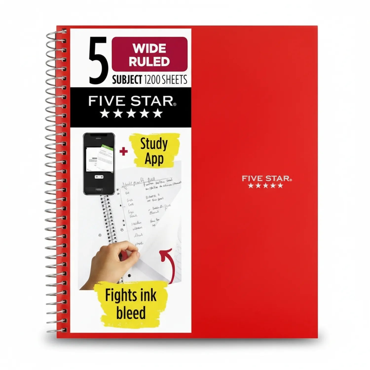 Five Star 5 Subject Notebook - Wide Ruled, 1200 sheets, red spiral-bound with Study App feature and ink bleed fighting technology