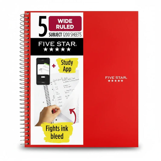 Five Star 5 Subject Notebook - Wide Ruled, 1200 sheets, red spiral-bound with Study App feature and ink bleed fighting technology