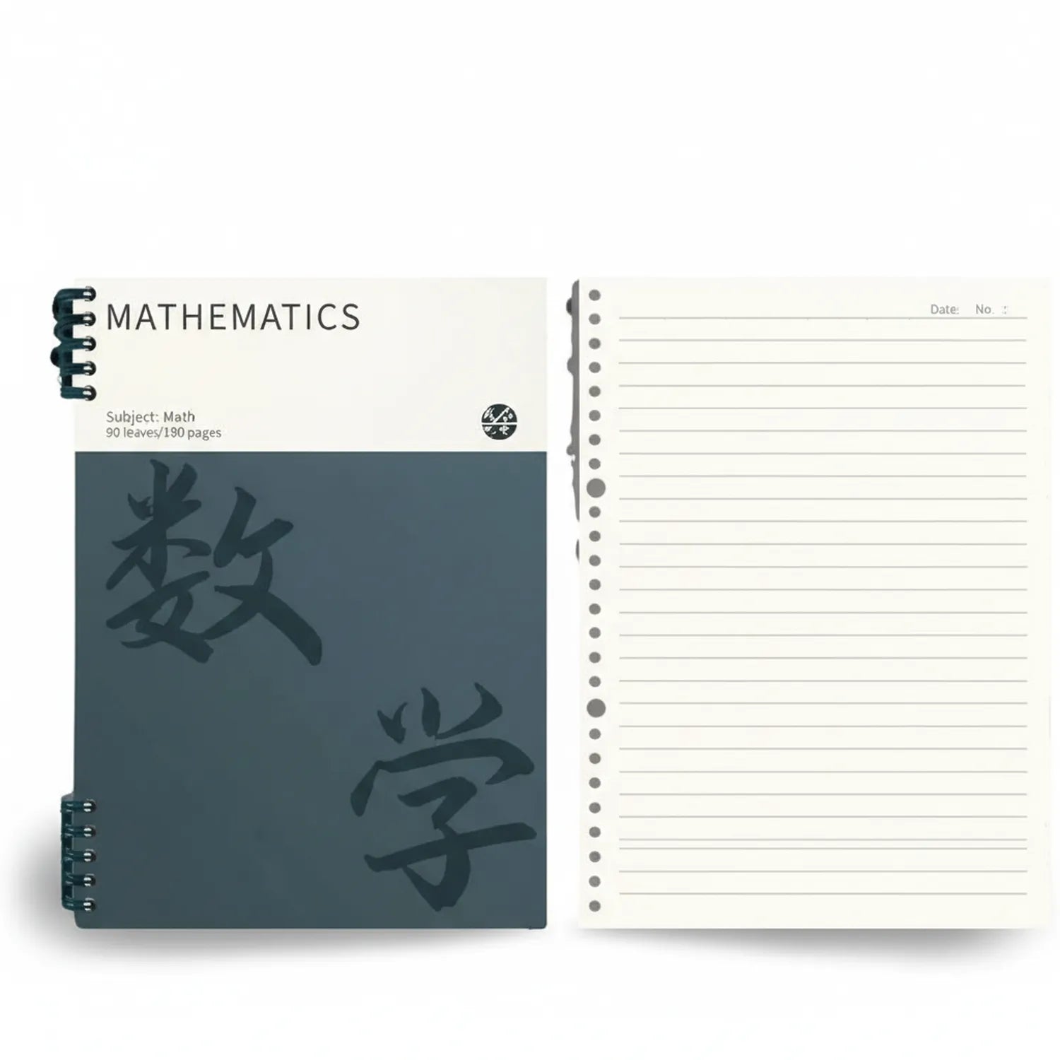 Notebook Subject 7 Ideal Mathematics spiral notebook with dark teal cover, 90 leaves/180 pages, featuring Asian calligraphy design and lined interior pages