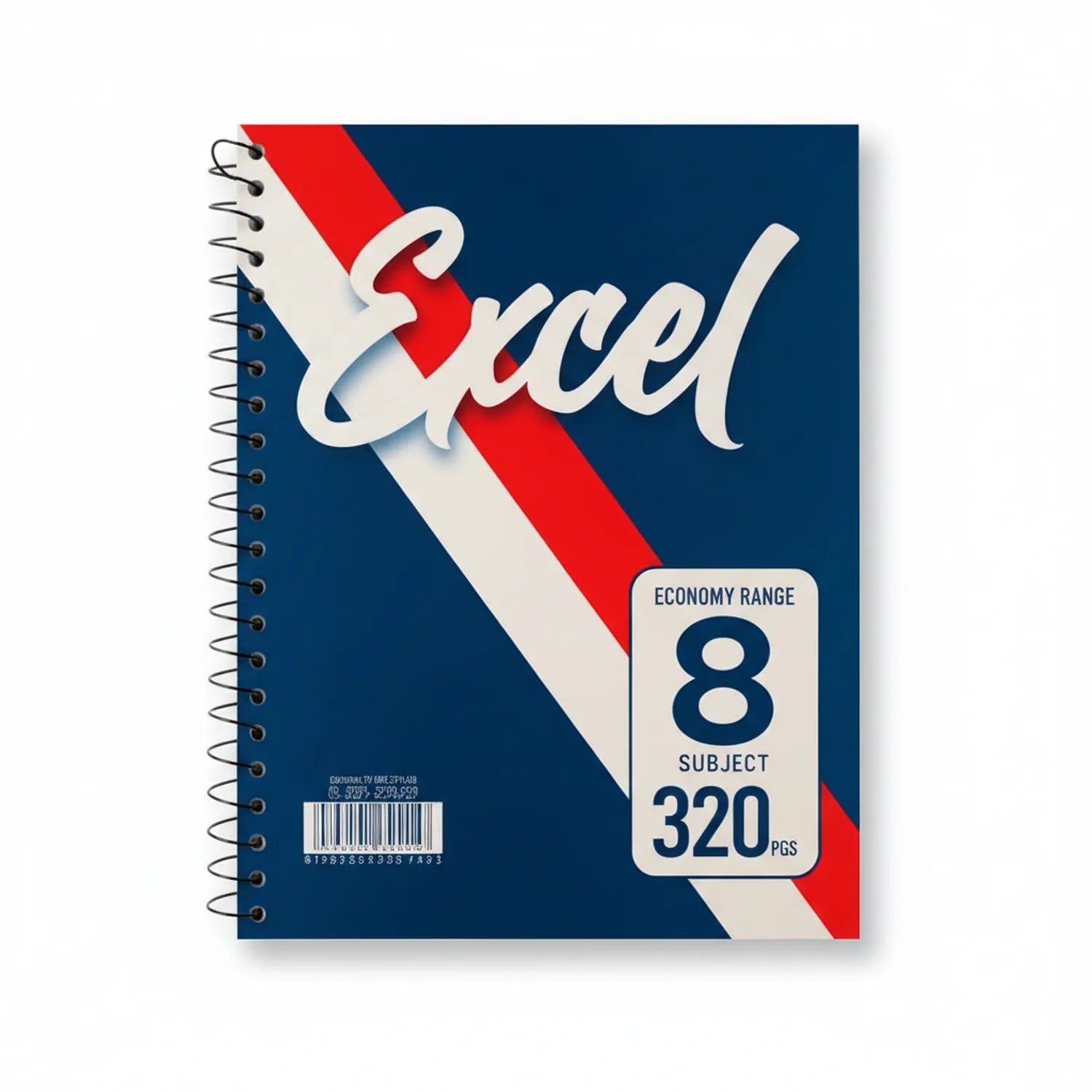 Ideal Notebook Subject 8 spiral-bound with red, white, and blue striped cover design, 320 pages, economy range