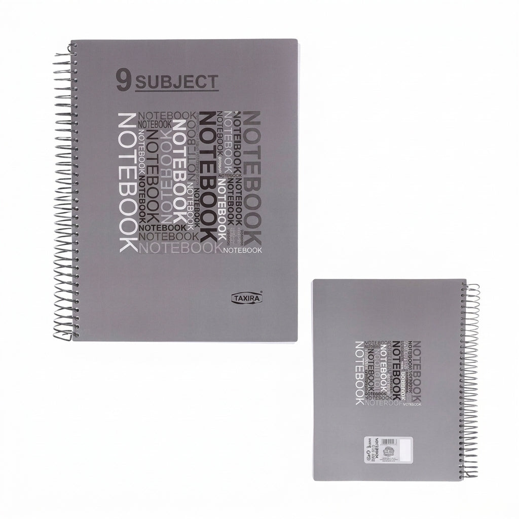 Two Taxira 9 Subject spiral-bound notebooks in gray with word cloud design on cover, shown in different sizes
