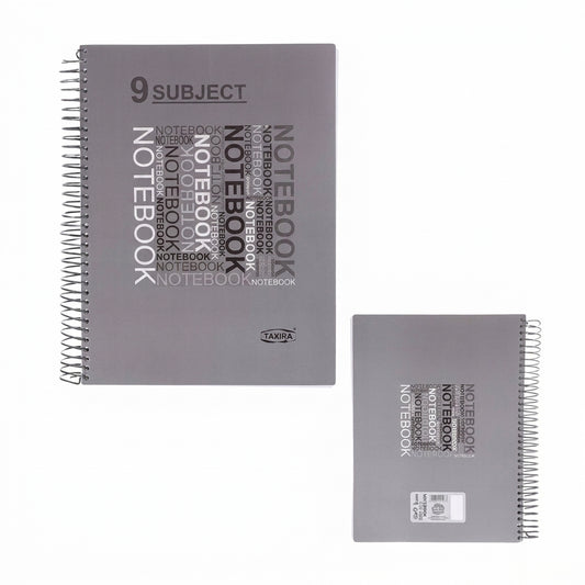Two Taxira 9 Subject spiral-bound notebooks in gray with word cloud design on cover, shown in different sizes