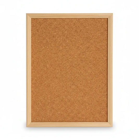 Natural cork notice board 18x24 inches with light wood frame, displaying cork surface ready for pins and postings