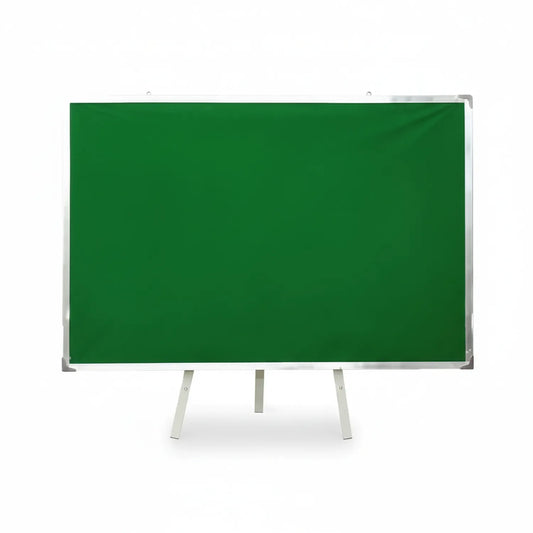 Notice Board 2X3 featuring a large green magnetic chalkboard with aluminum frame, mounted on a white metal three-legged stand against white background.