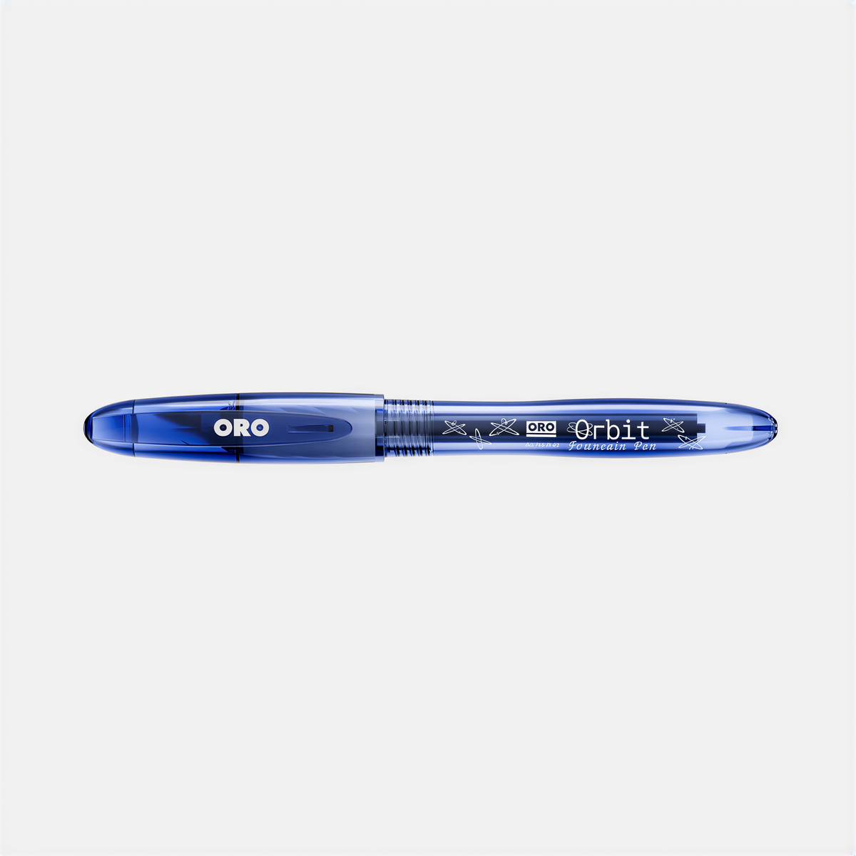 Oro Orbit blue fountain pen with black grip section and branded barrel, displayed horizontally against white background