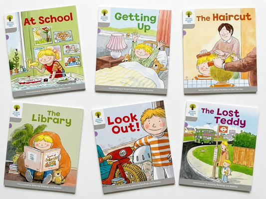 Pack of 6 Oxford Reading Tree Stage 1 wordless picture books with colorful illustrations of everyday childhood activities