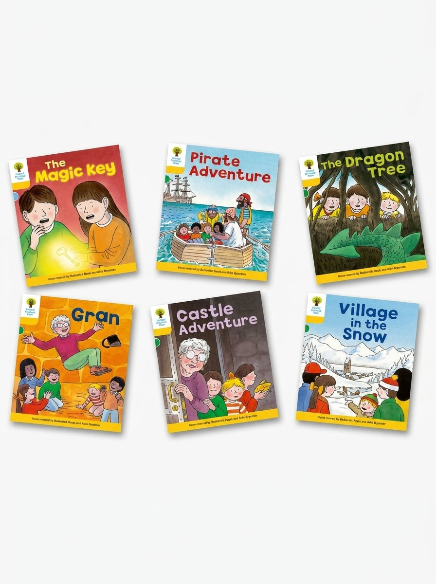 Pack of 6 Oxford Reading Tree Stage 3 children's books including The Magic Key, Pirate Adventure, The Dragon Tree, Gran, Castle Adventure, and Village in the Snow.