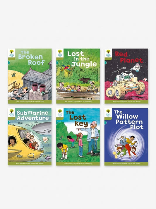 6 Oxford Reading Tree Stage 7 story books including The Broken Roof, Lost in the Jungle, Red Planet, Submarine Adventure, The Lost Key, and The Willow Pattern Plot