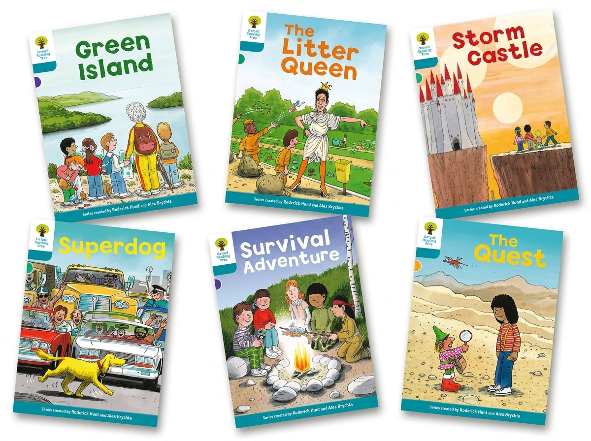 Six Oxford Reading Tree Stage 9 children's books displayed: Green Island, The Litter Queen, Storm Castle, Superdog, Survival Adventure, The Quest