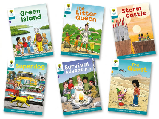 Six Oxford Reading Tree Stage 9 children's books displayed: Green Island, The Litter Queen, Storm Castle, Superdog, Survival Adventure, The Quest